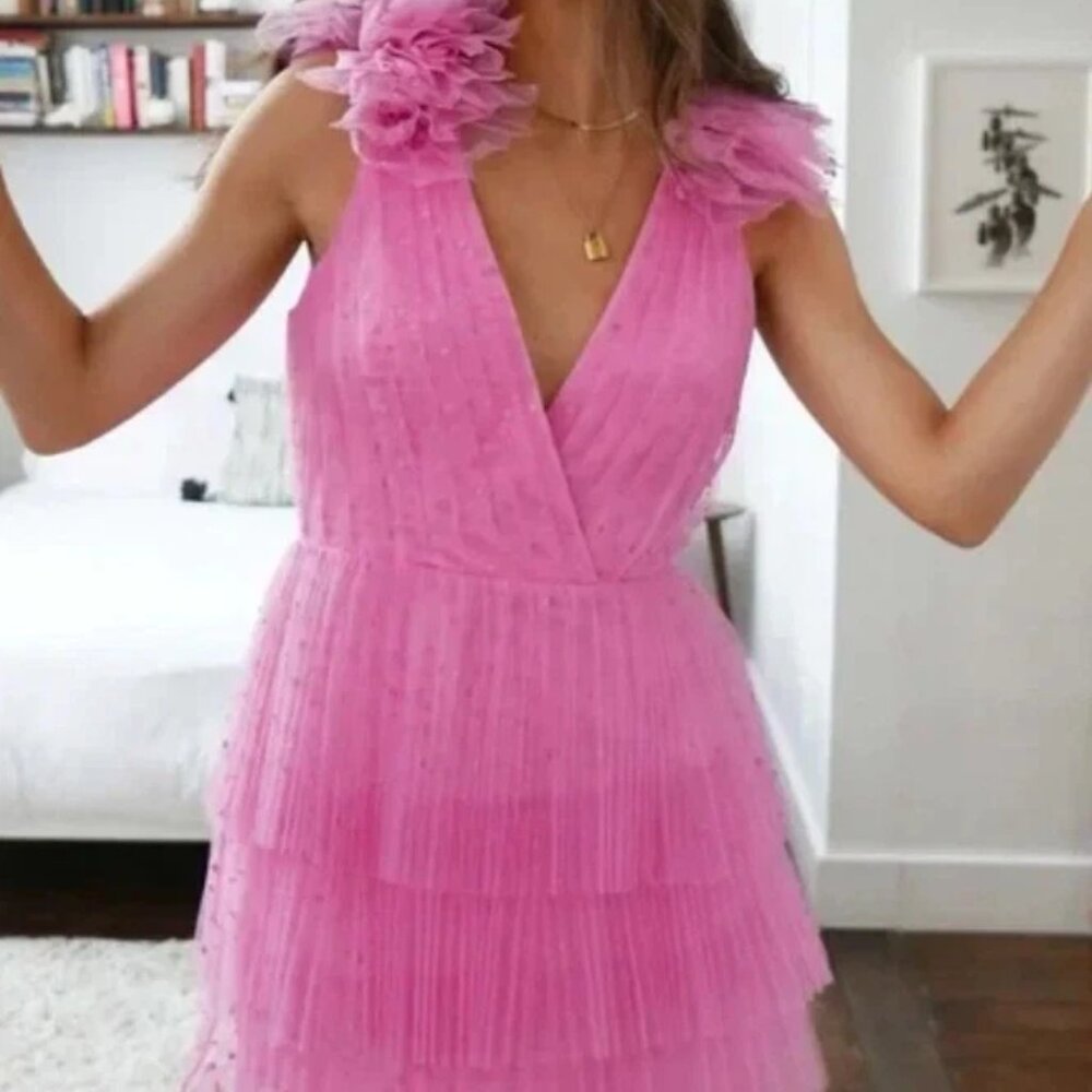 Monique Lhuillier Pink Tiered Tulle Backless V-Neck Mini Dress - Picture 7 of 8